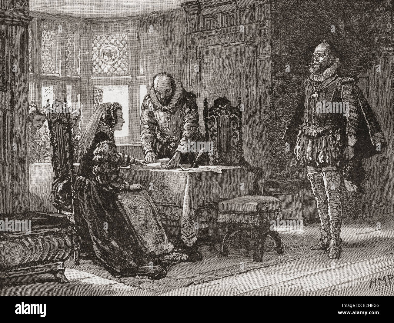 Mary, Queen of Scots, 1542 – 1587, signing the deed of abdication in Lochleven Castle, Scotland in 1567. Stock Photo