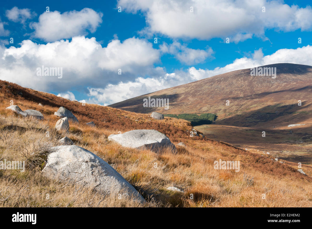 Mountain landscape strewn with granite boulders above Glendalough, County Wicklow, Ireland Stock Photo