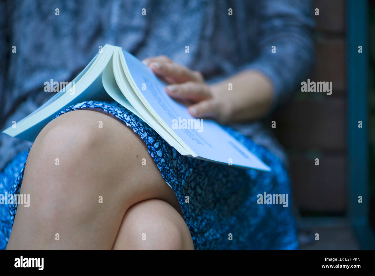 Woman sitting with open book resting on lap, cropped Stock Photo