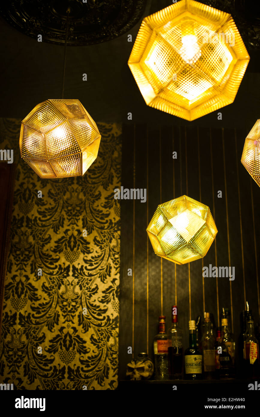 Pendant lights hanging in night club Stock Photo