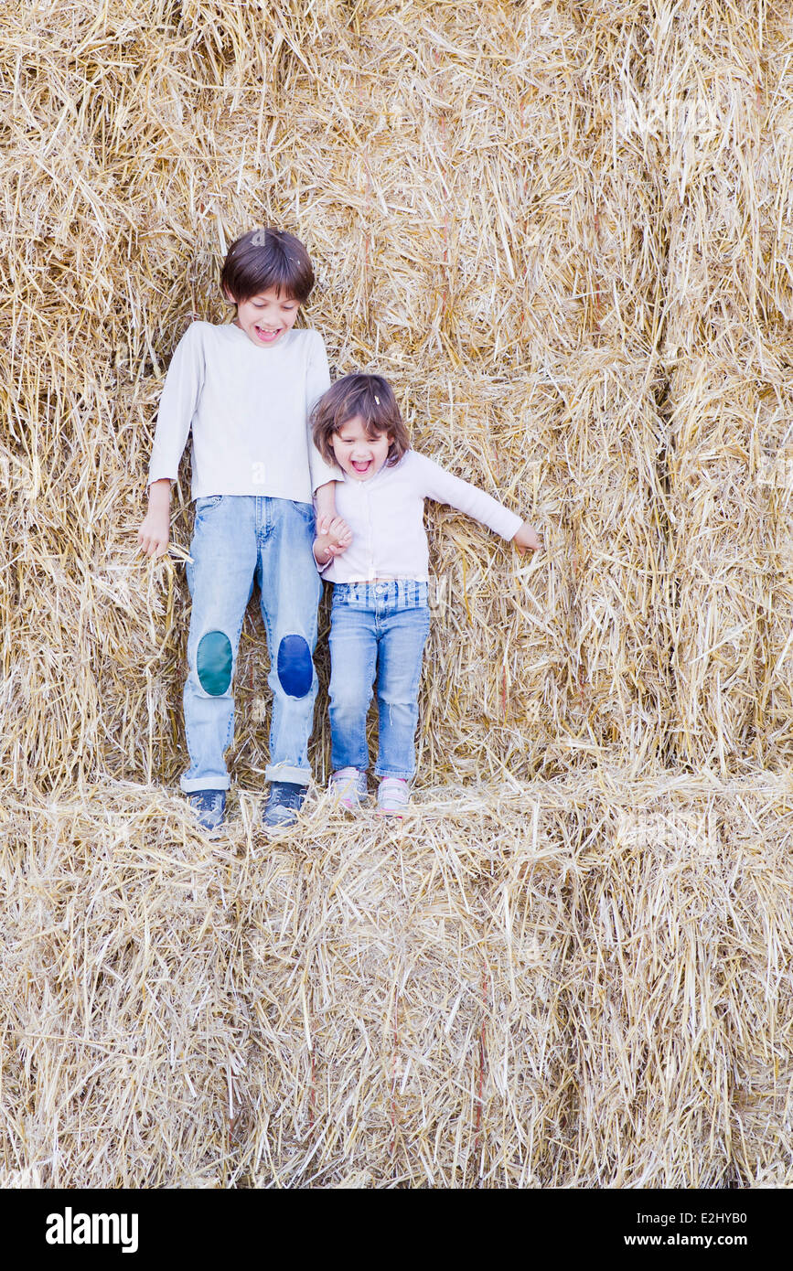 Young siblings standing on hay bales, holding hands Stock Photo