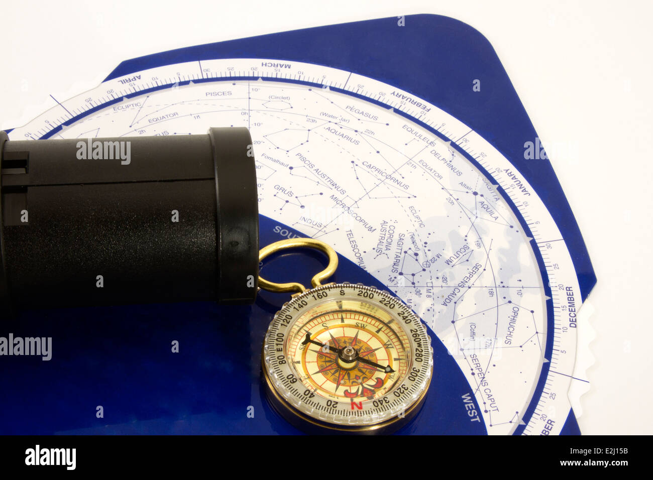 Star gazing guide to constellations with telescope and compass Stock