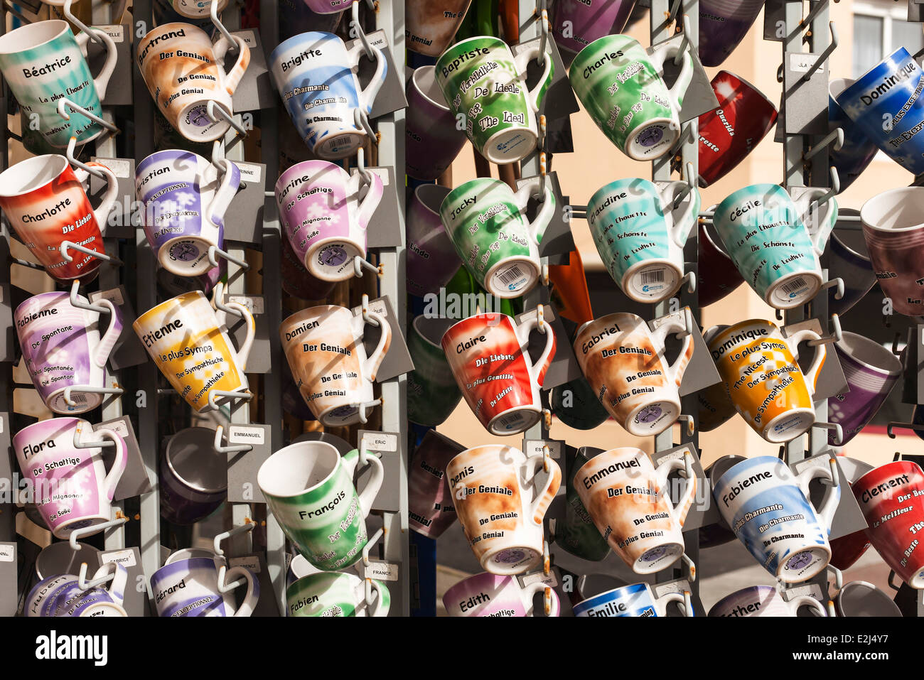 Personalized souvenir mugs, full frame Stock Photo