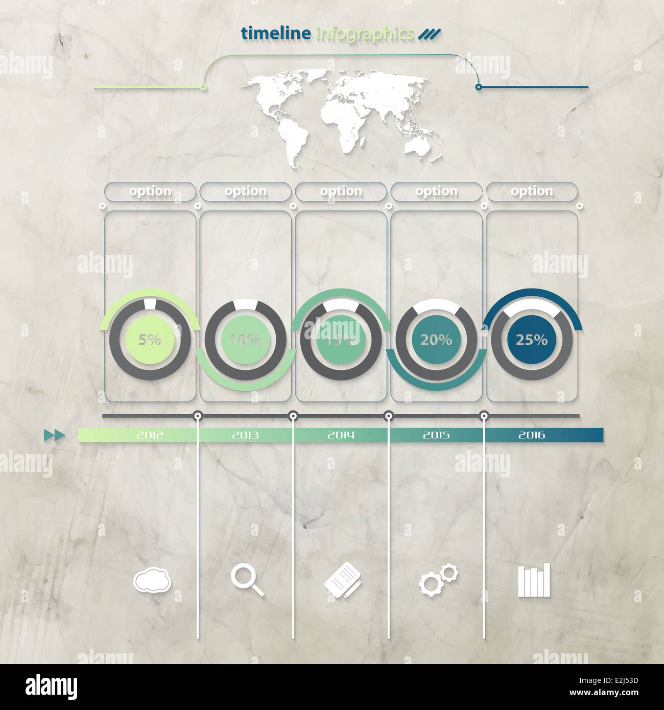 timeline info graphics with icons and world map over grunge background Stock Photo