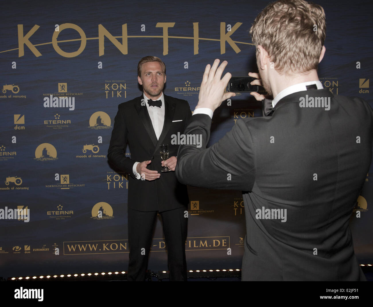 Tobias Santelmann and Odd-Magnus Williamson at the premiere of 'Kon-Tiki' at Kino International movie theater.  Where: Berlin, Germany When: 06 Mar 2013 Stock Photo