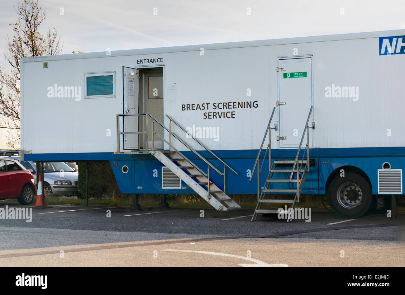 Mobile breast screening unit in a garden centre car park, East Yorkshire. Stock Photo