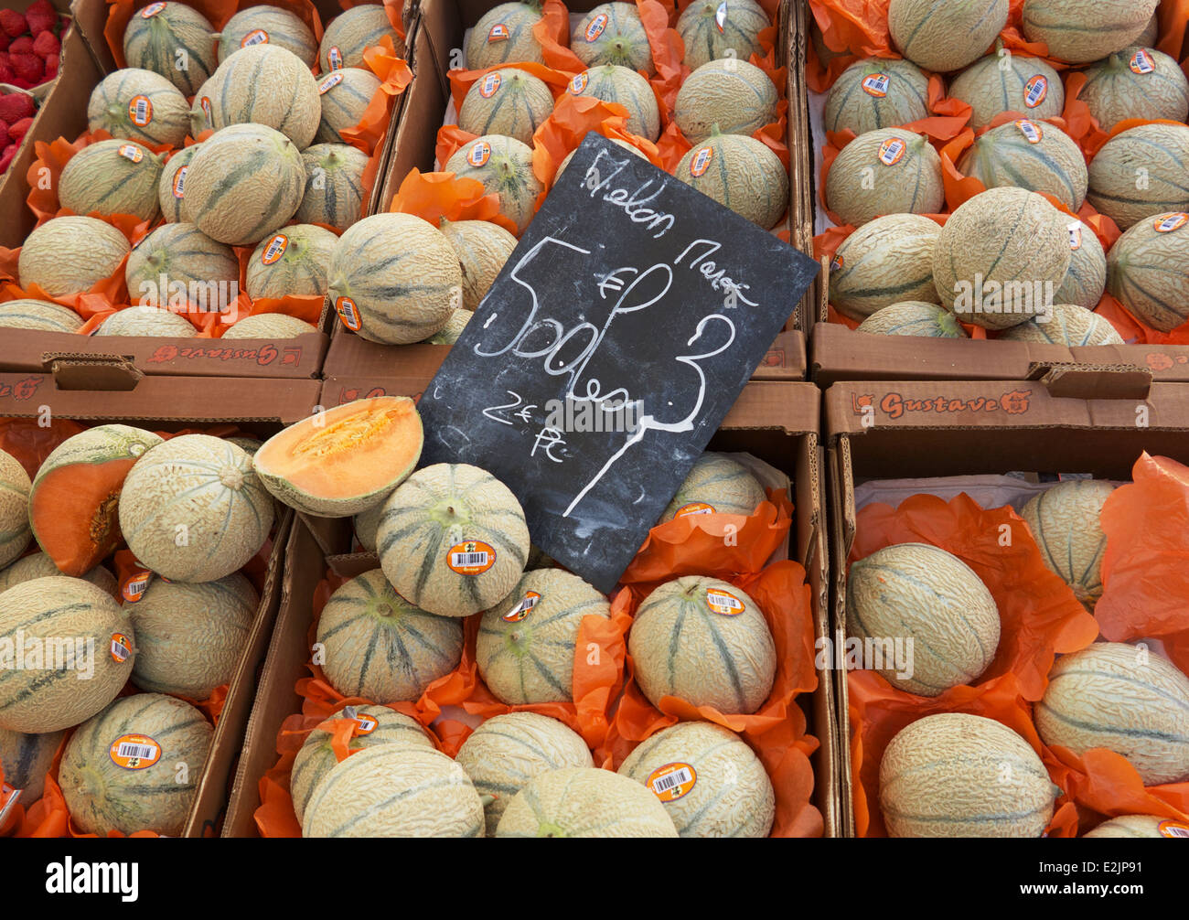 Melons for sale in market in town of Ganges, Hérault department, south