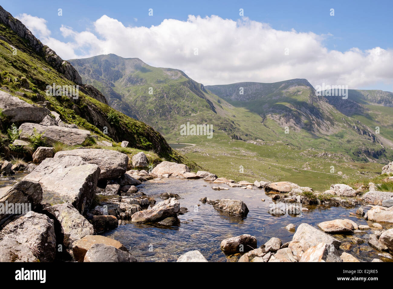 View across mountain stream to Y Garn and northern Glyderau above Ogwen Valley in mountains of Snowdonia National Park (Eryri) Wales UK Stock Photo