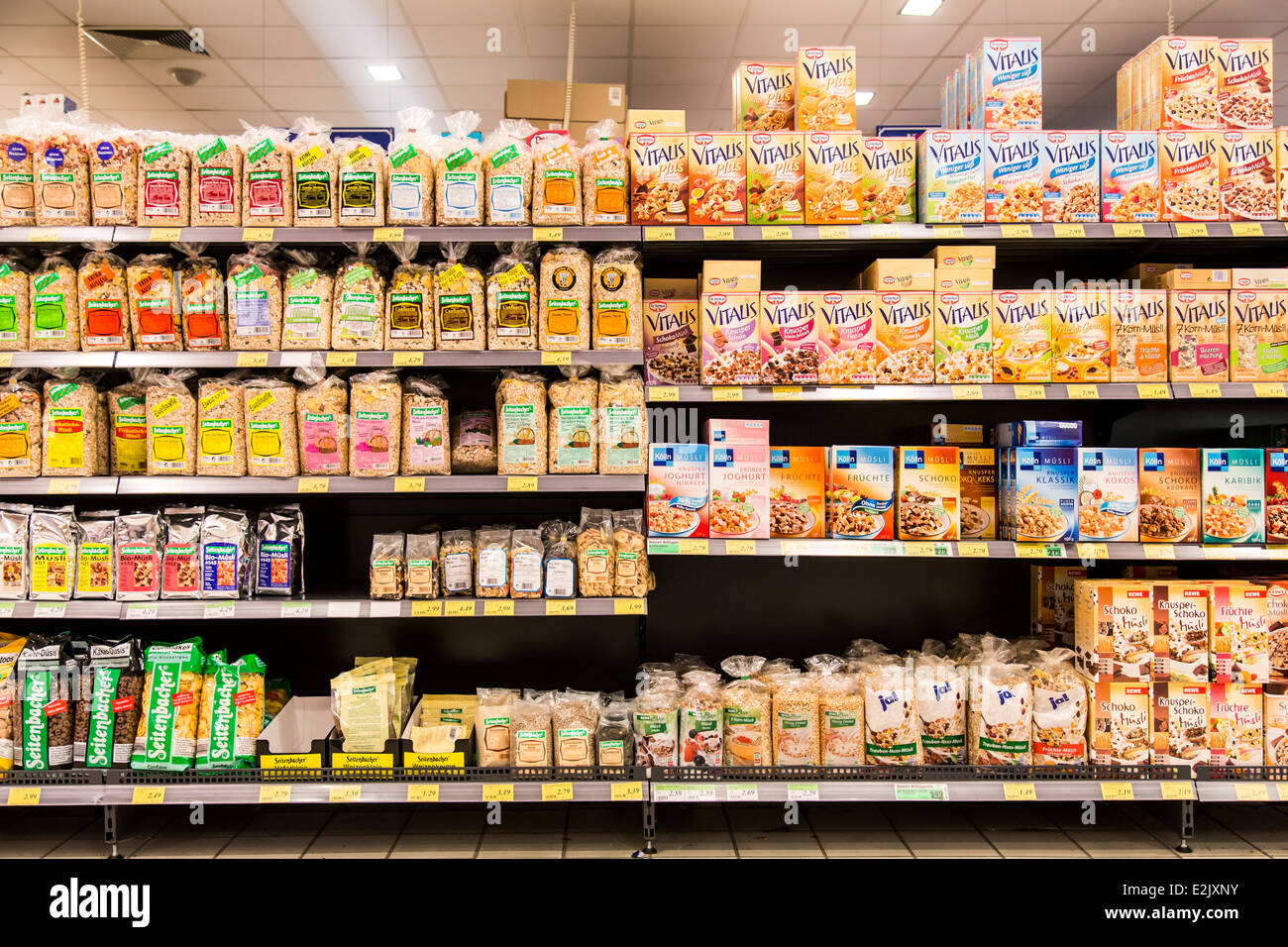Shelf with food in a supermarket. cereals, Stock Photo