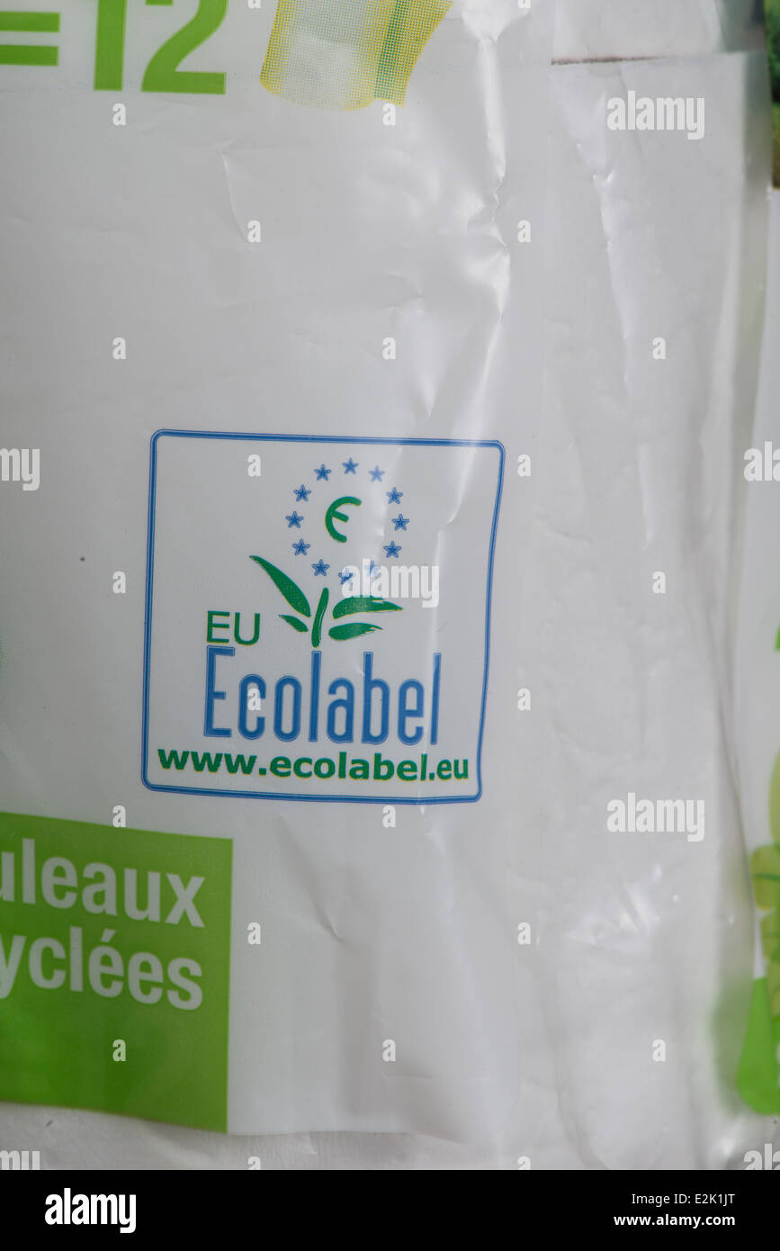 Ecolabel on packaging of toilet rolls. France. Stock Photo