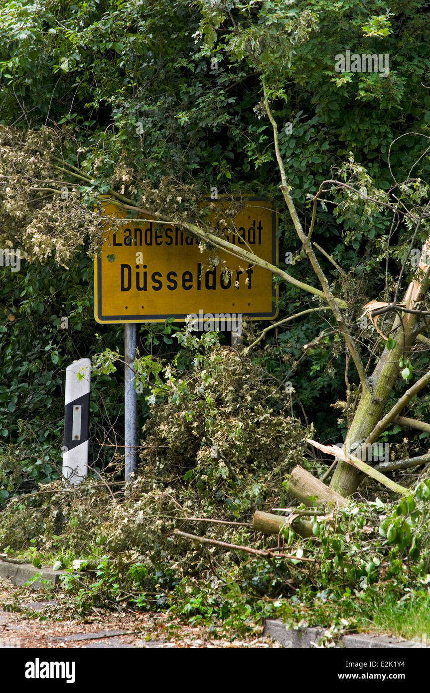 Road sign for Düsseldorf Germany showing fallen trees after the severe thunder storm in June 2014 Stock Photo