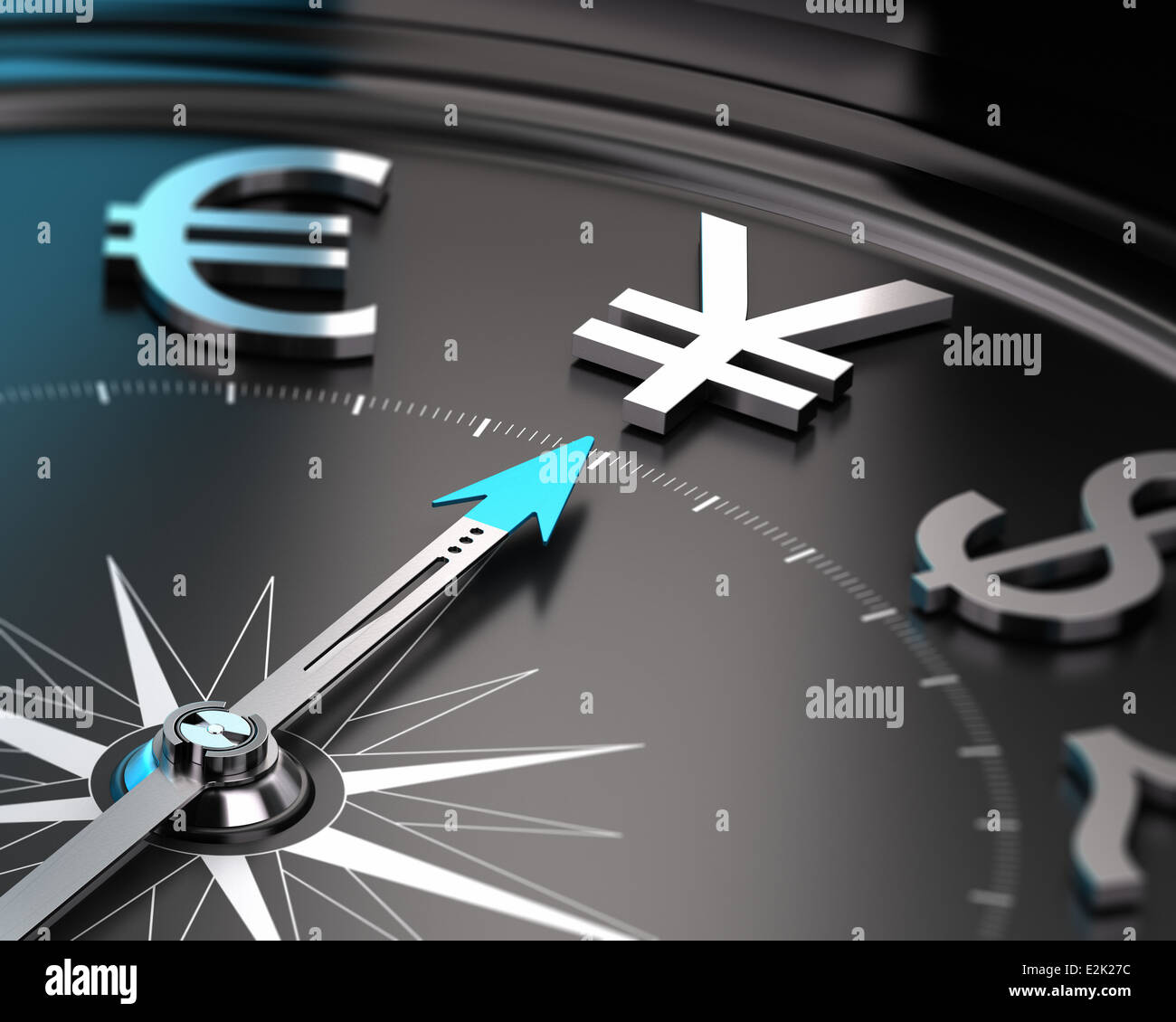 JPY YEN in a compass with the needle pointing the symbol with blur effect. Concept illustration of investment. Stock Photo