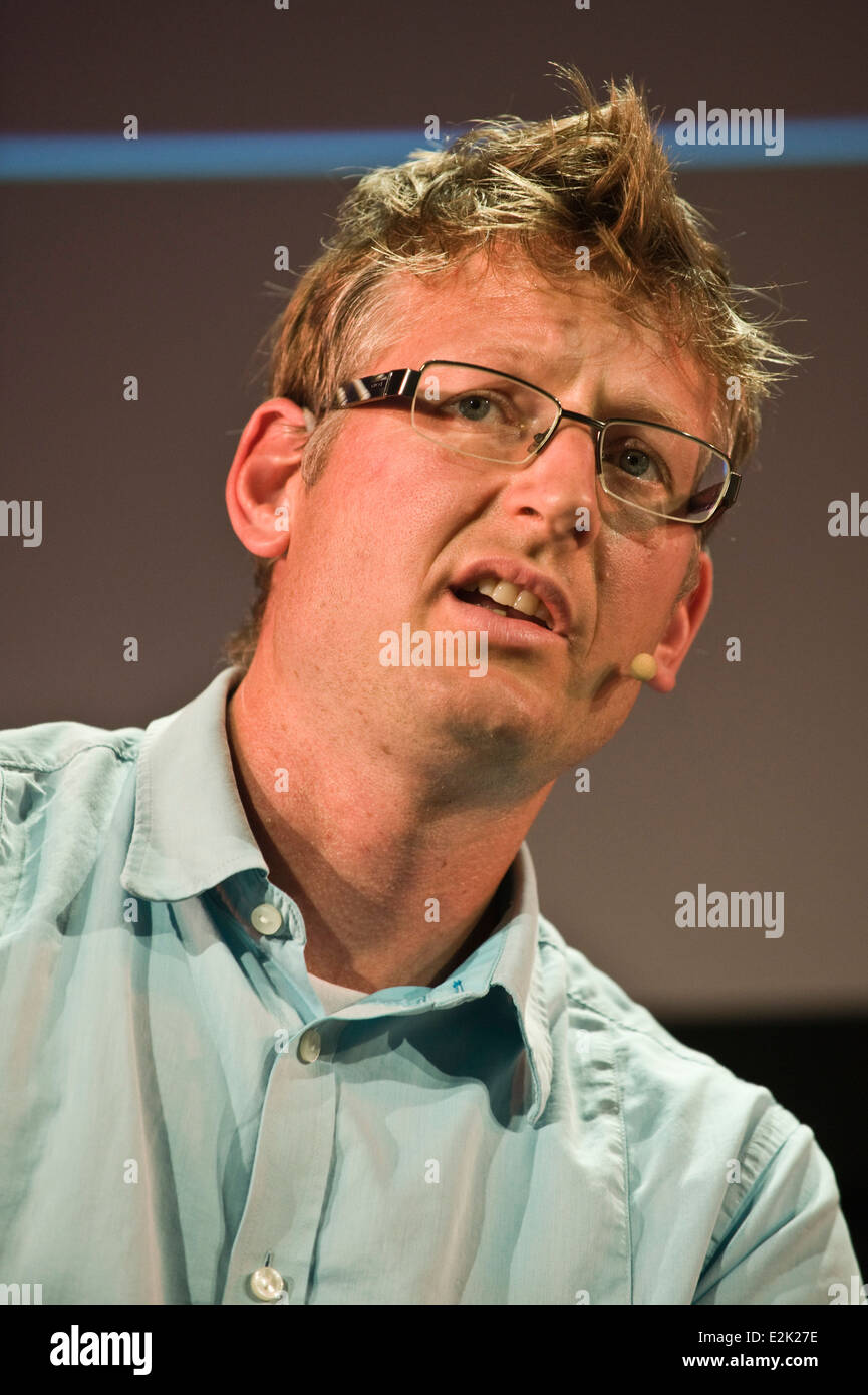 Mark Lynas discussing Nuclear power at Hay Festival 2014. © Jeff Morgan Stock Photo