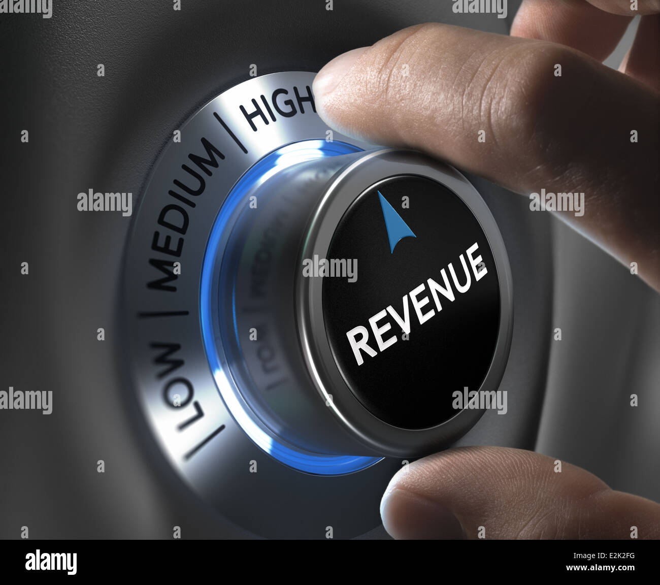 finger turning a revenue button to the highest position. Concept illustration of financial profits. Stock Photo