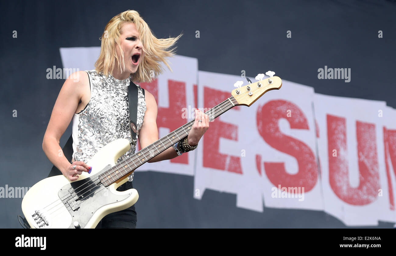 Scheessel, Germany. 20th June, 2014. Charlotte Cooper, the double bass player of the british indie rock band 'The Subways' performs at the Hurricane rock festival in Scheessel, Germany, 20 June 2014. 80 bands will perform at the festival until 22 June. Photo: ALEXANDER KOERNER/DPA/Alamy Live News Stock Photo