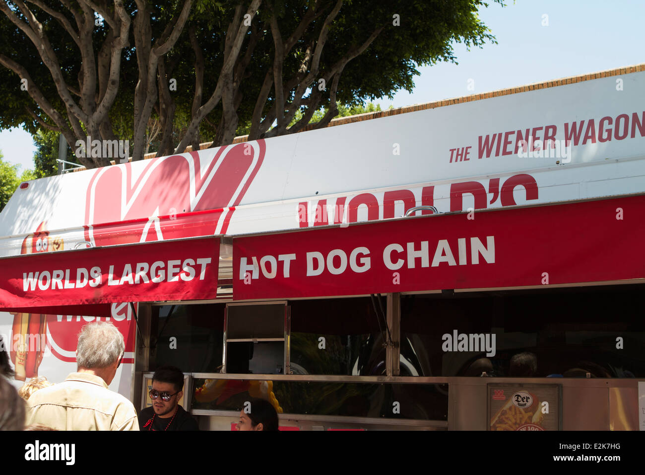The wiener wagon hot dogs from the Wienerschnitzel the wolds largest hot dog chain at a street fair in Tustin California . Stock Photo