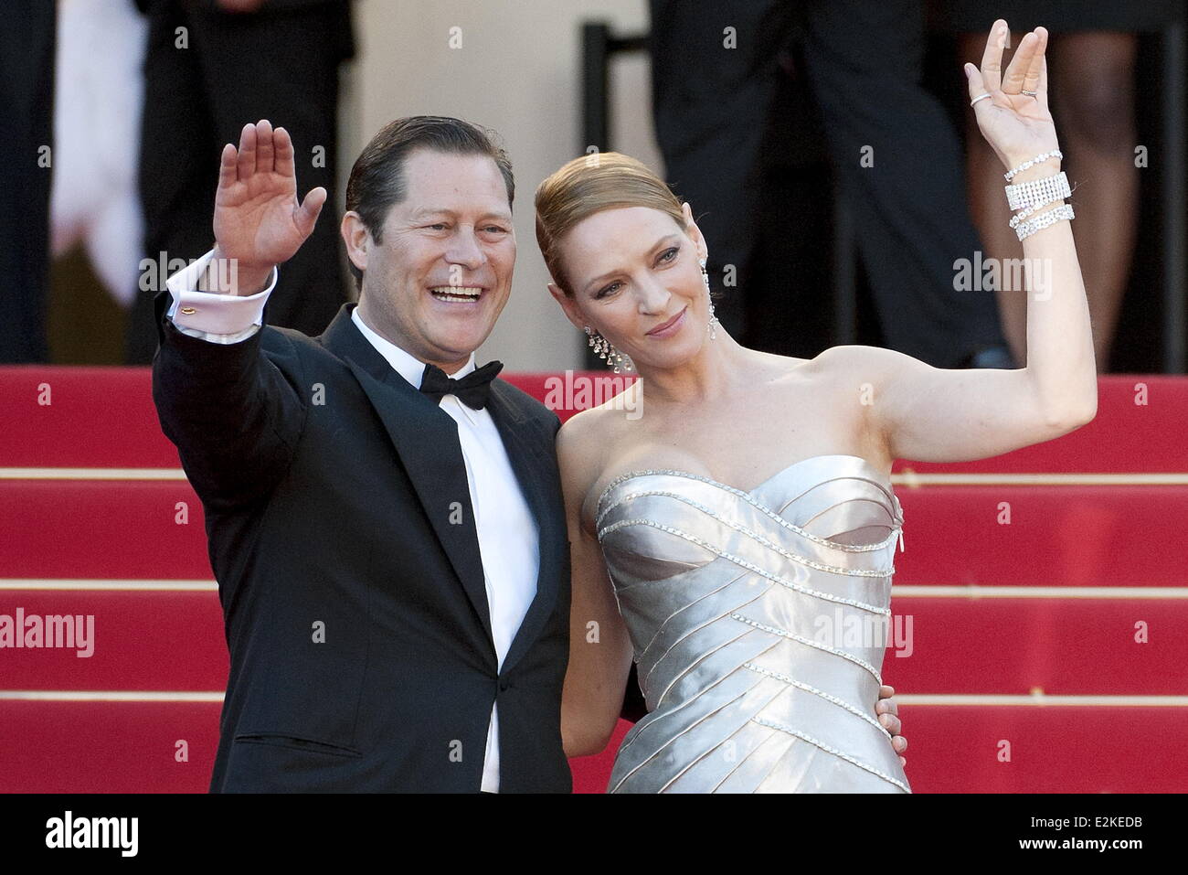 Uma Thurman and Arpad Busson at the 66th Cannes Film Festival 'Zulu' Premiere.  Where: Cannes, France When: 26 May 2013 Stock Photo