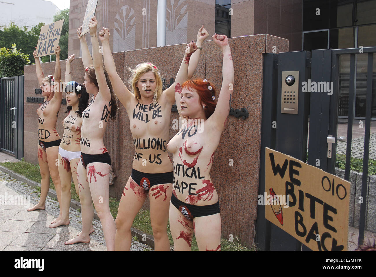 Members of Femen feminist protest group demonstrating at the Egyptian Embassy in Berlin  Where: Berlin, Germany When: 19 Jul 2013 Stock Photo