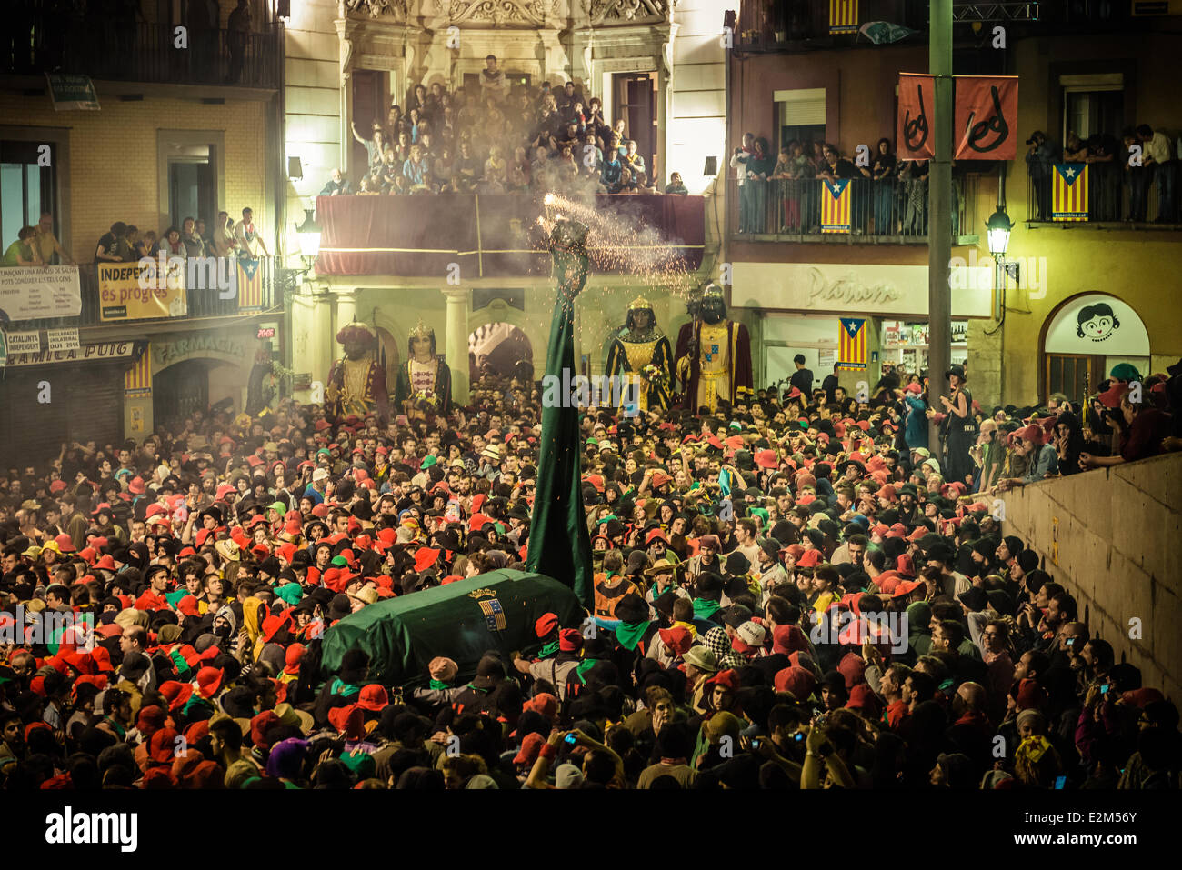 Berga, Spain. June 19th, 2014: The 'dragons', one of the oldest and most distinctive parts of the celebration, perform during the first complete Patum 2014 in Berga Credit:  matthi/Alamy Live News Stock Photo