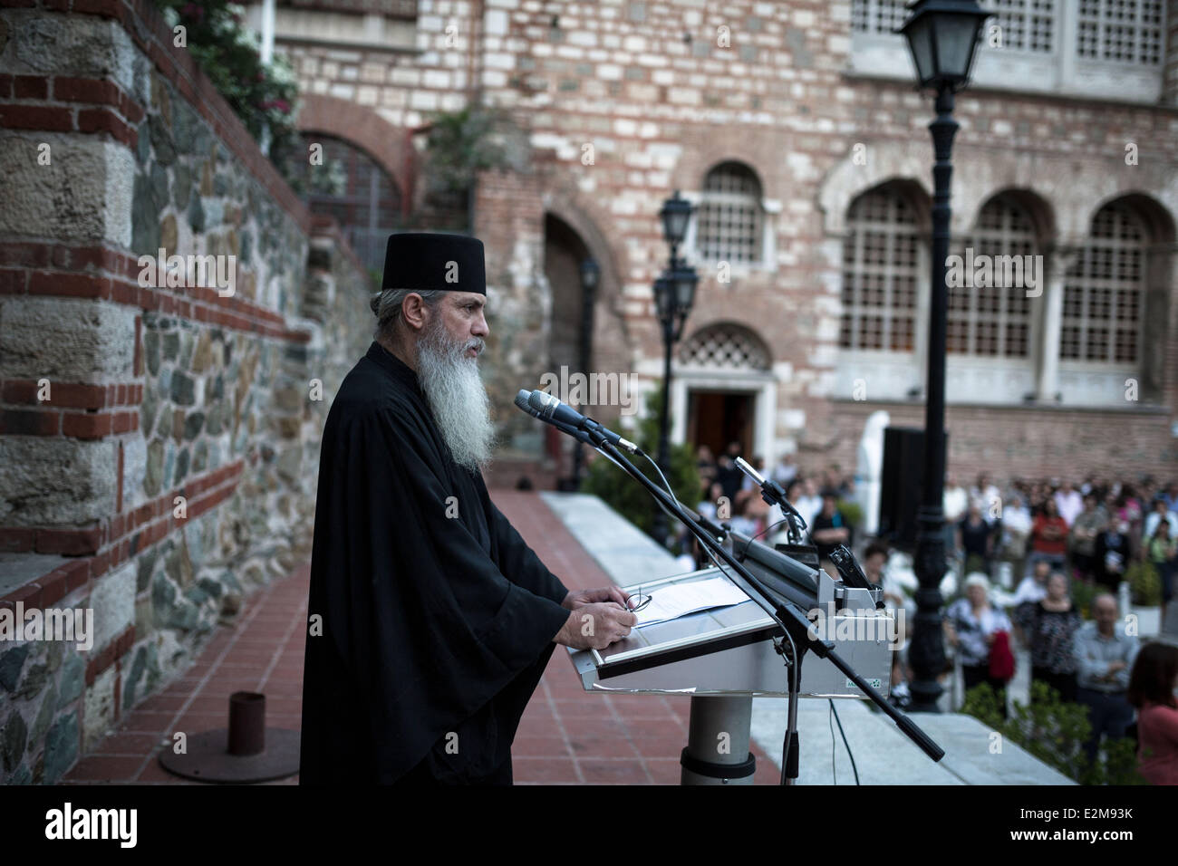 An orthodox priest speaks to the faithful about the Gay Pride festival. Orthodox Christian organizations organized a protest, outside the church of St. Demetrius, against the Pride Parade that will be held on Saturday 21 June in Thessaloniki. Stock Photo