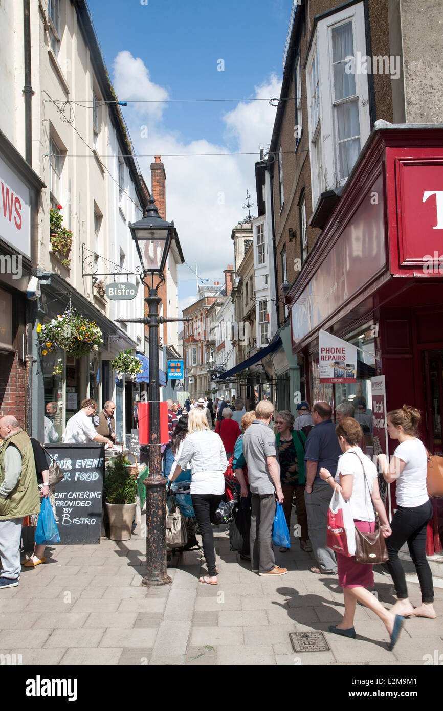 People shopping in Little Brittox street, Devizes, Wiltshire, England ...