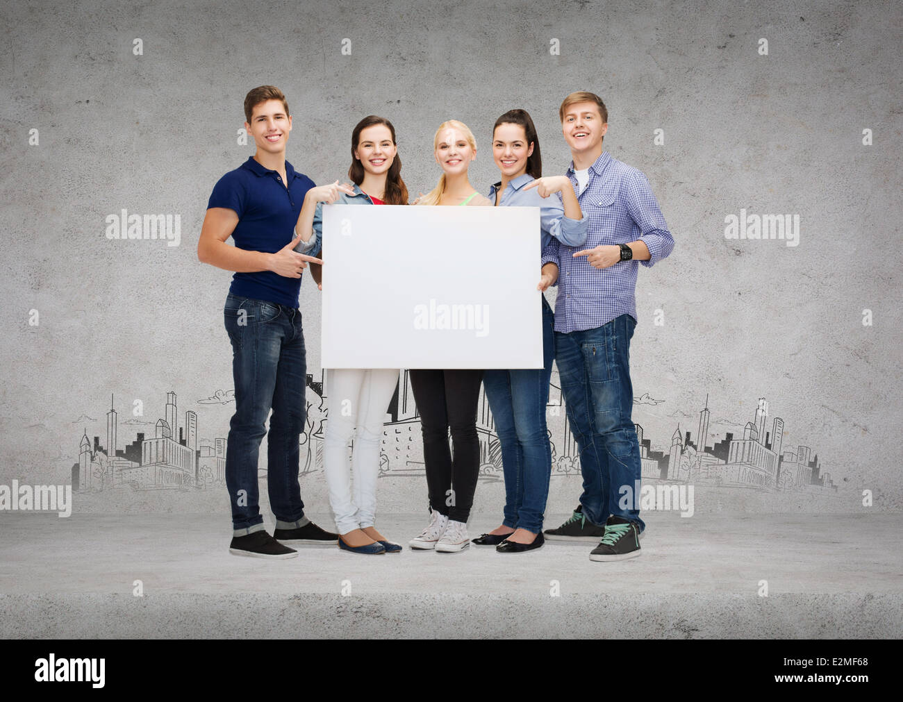 group of smiling students with white blank board Stock Photo - Alamy