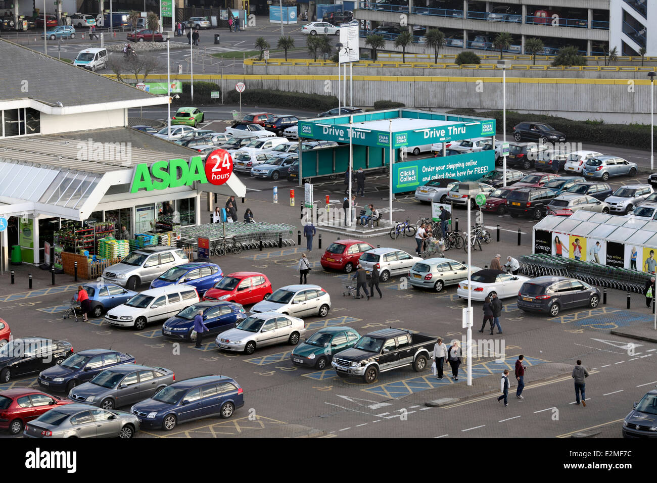 The entrance to Asda supermarket, Brighton Marina. Drive Thru “Click and Collect” area to the right. Stock Photo