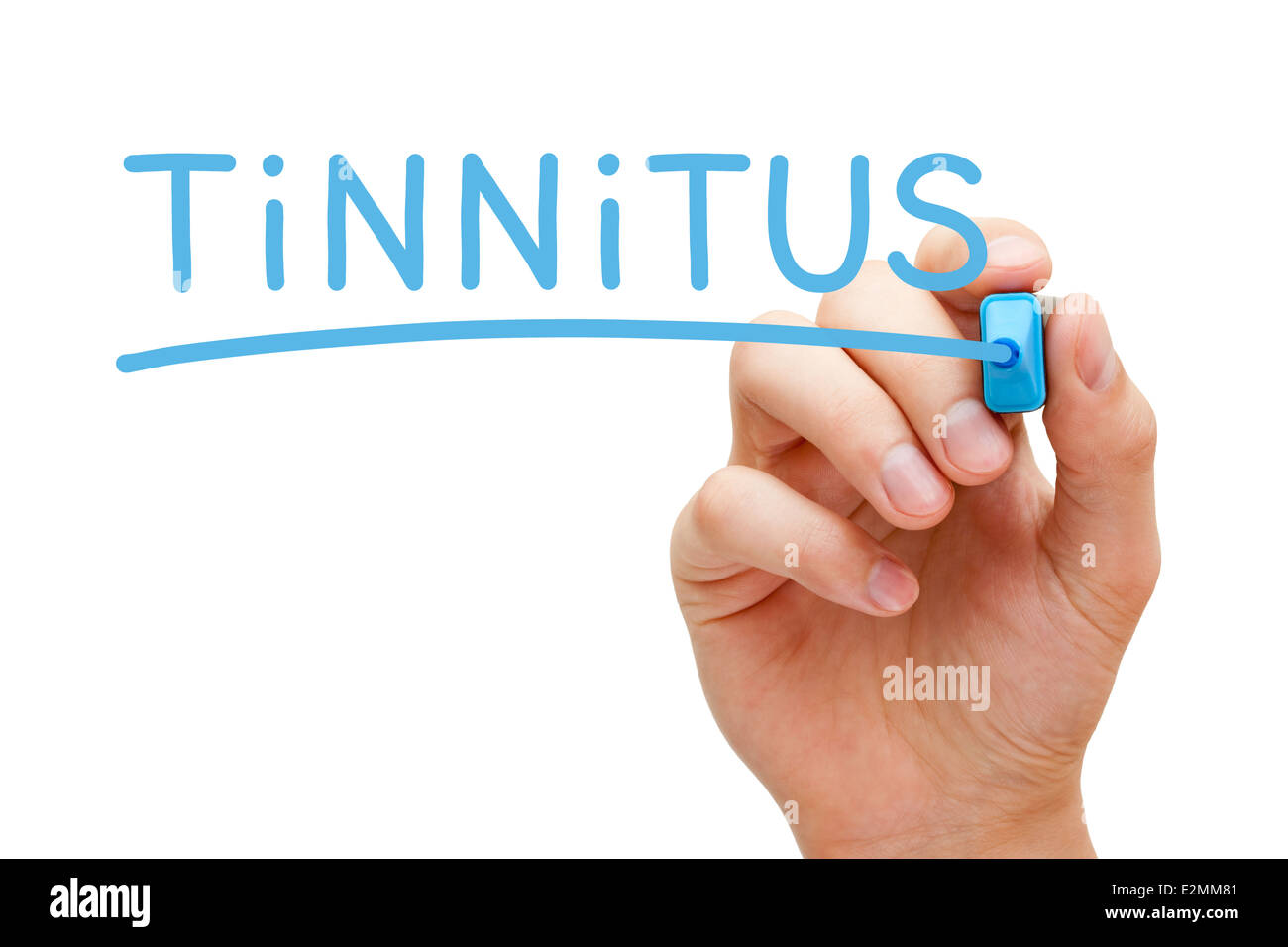 Hand writing Tinnitus with blue marker on transparent wipe board. Stock Photo