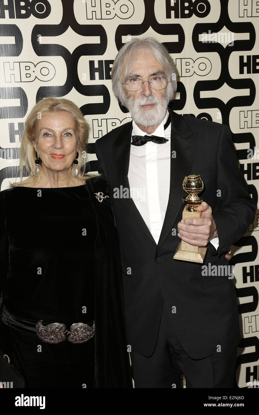 2013 HBO's Golden Globes Party at the Beverly Hilton Hotel - Arrivals  Featuring: Michael Haneke,wife Where: Beverly Hills, California, United States When: 13 Jan 2013 Stock Photo