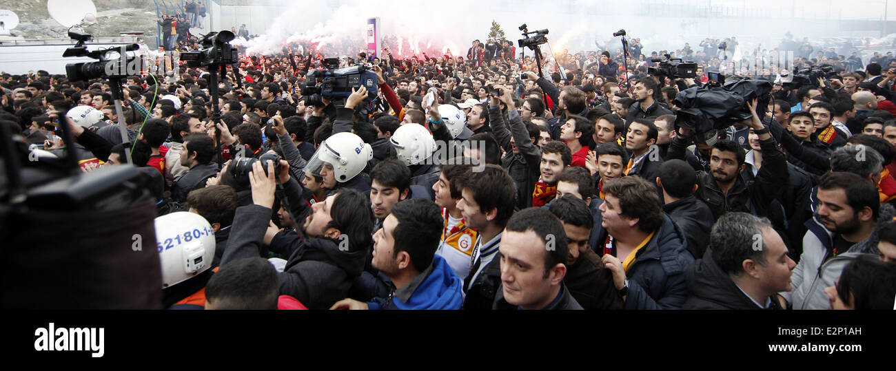 Galatasaray fans missed the arrival of new signing Wesley Sneijder at Ataturk Airport. The fans were waiting at the arrivals area of the Airport but to their dismay he was taken out via a different exit gate and taken to Galatasaray Metin Oktay Sports Complex in Florya  Where: Istanbul, Turkey When: 21 Jan 2013 Stock Photo