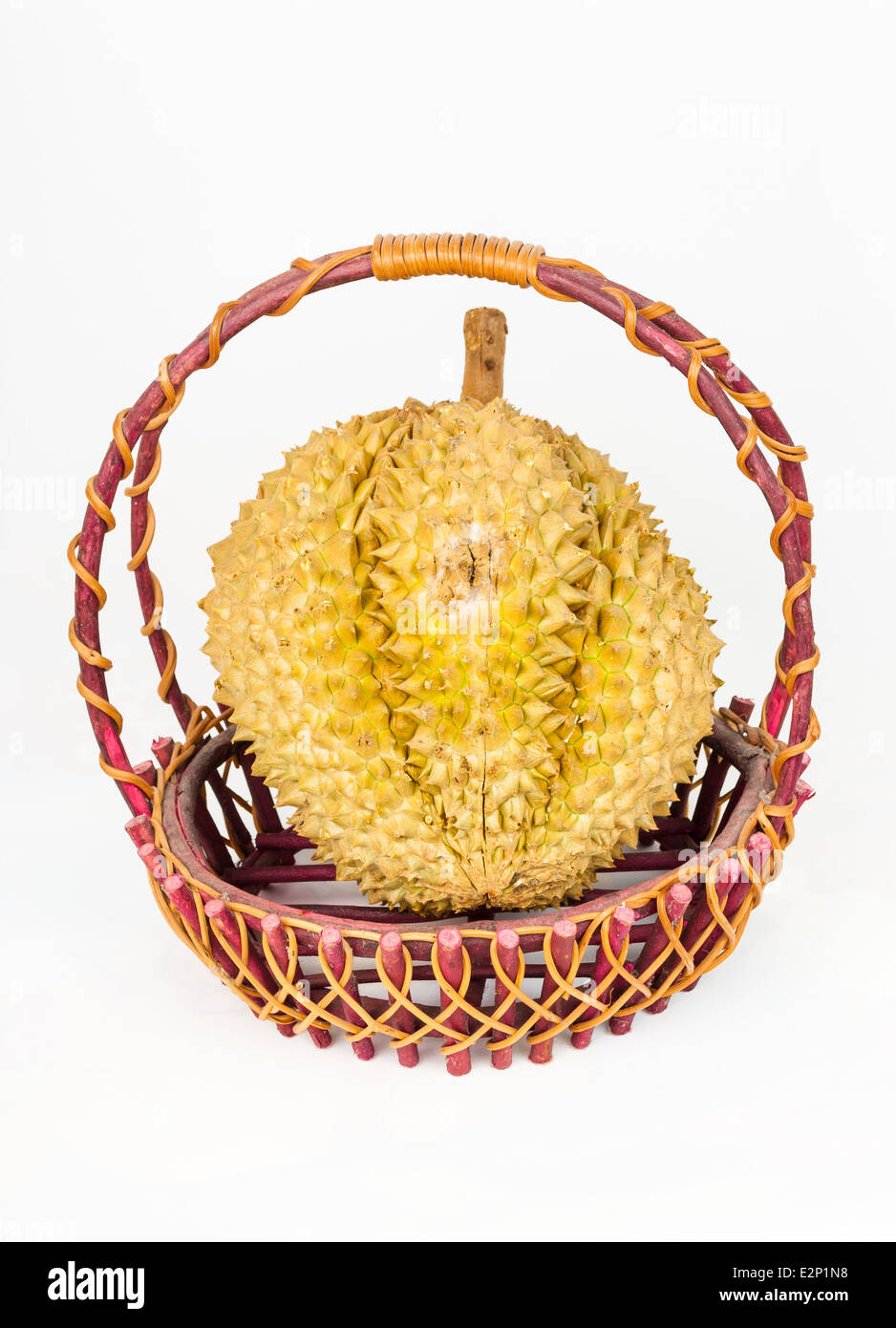 Durian in Rattan Basket. Stock Photo