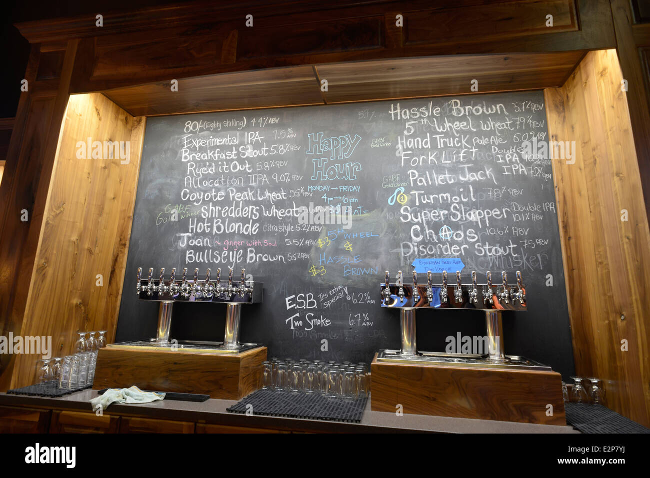Chalkboard beer list at Barley Brown's Taphouse in Baker City, Oregon. Stock Photo
