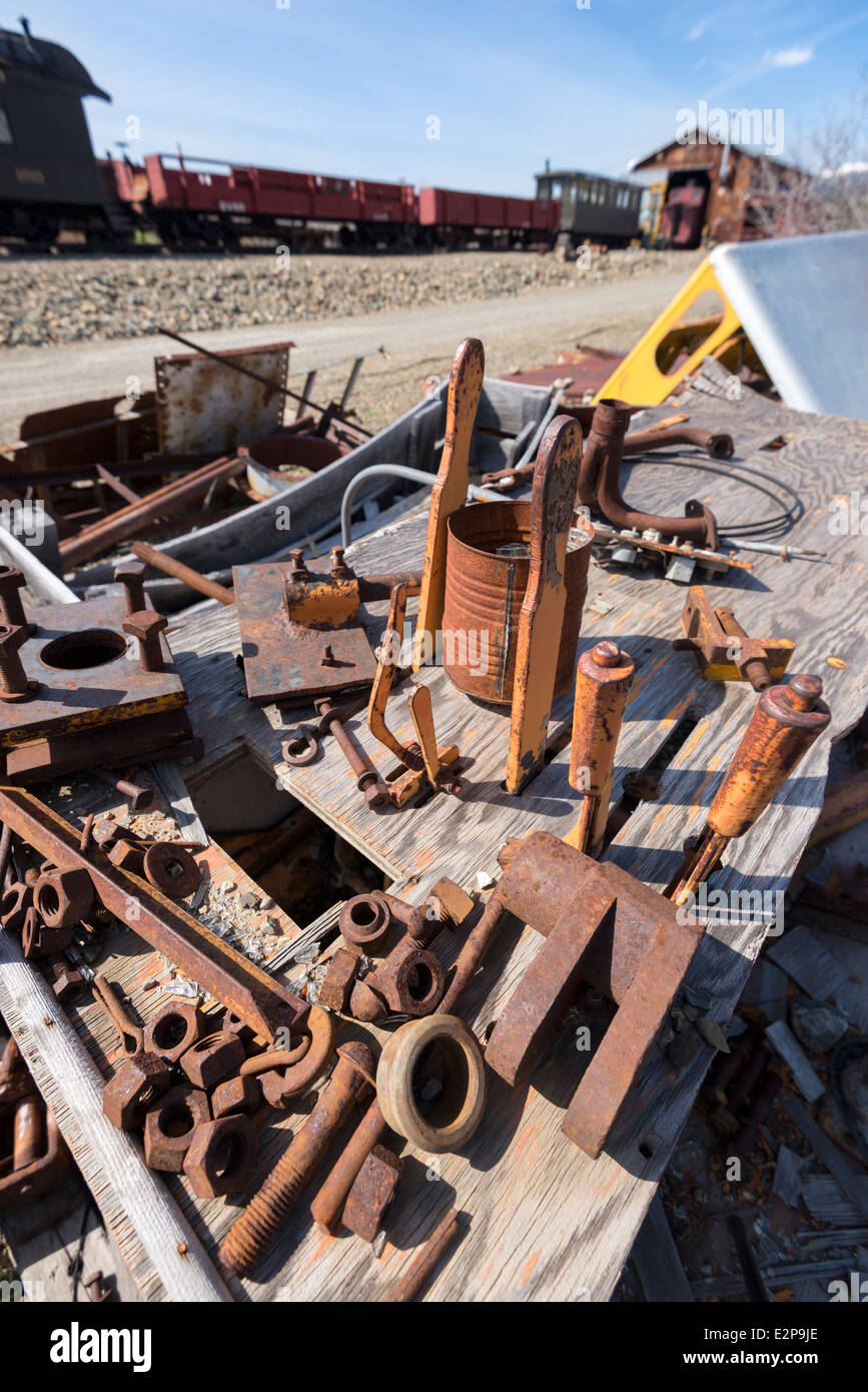 Old train and repair parts in the rail yard of the Sumpter Valley Railroad, Eastern Oregon. Stock Photo
