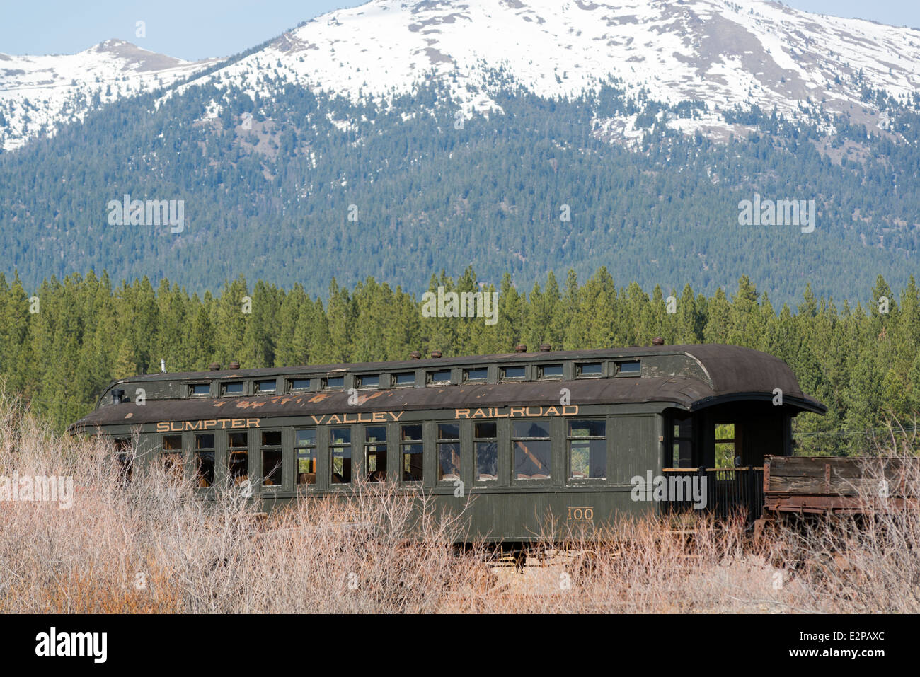 Old passenger coach car in the rail yard of the Sumpter Valley Railroad, Eastern Oregon. Stock Photo