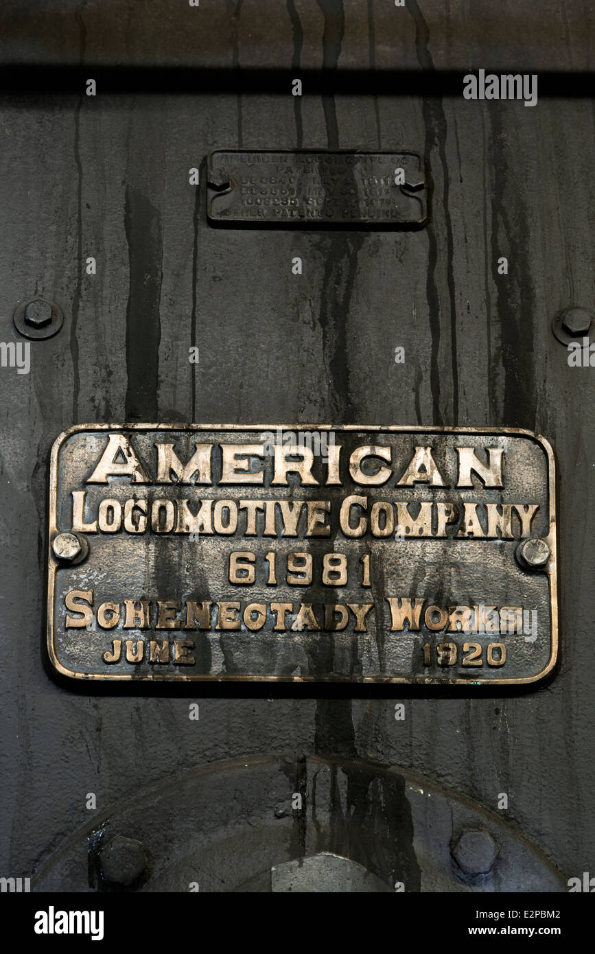 Nameplate on the Sumpter Valley Railway Mikado Number 19 steam locomotive engine, Oregon. Stock Photo