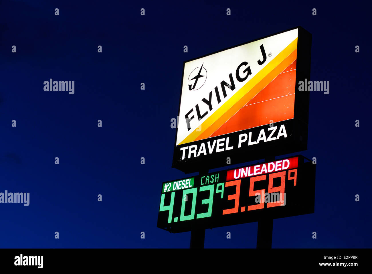 Lit Flying J Travel Plaza sign in Winnemucca. Nevada. Stock Photo