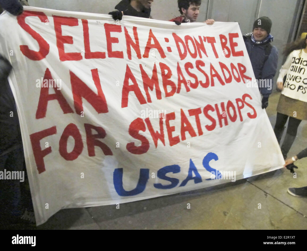 Protest outside the 'Adidas NEO' fashion show prior to the start of  Mercedes-Benz Fashion Week asking Selena Gomez to stop supporting sweatshops.  Featuring: Atmosphere Where: New York City, NY, United States When: