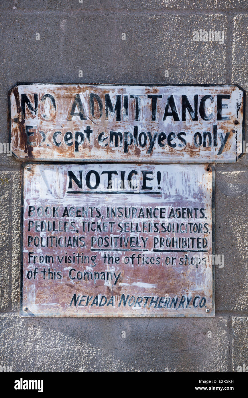 No admitance sign on a shop in the rail yard of the historic Nevada Northern Railway in Ely, Nevada. Stock Photo