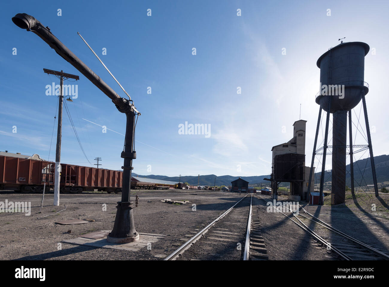 Water tank, coal tower and water column in the rail yard of the historic Nevada Northern Railway in Ely, Nevada. Stock Photo