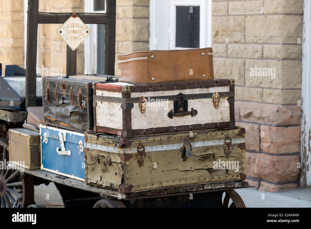 Vintage trunks and luggage cart at the depot of historic Nevada Northern Railway in Ely, Nevada. Stock Photo