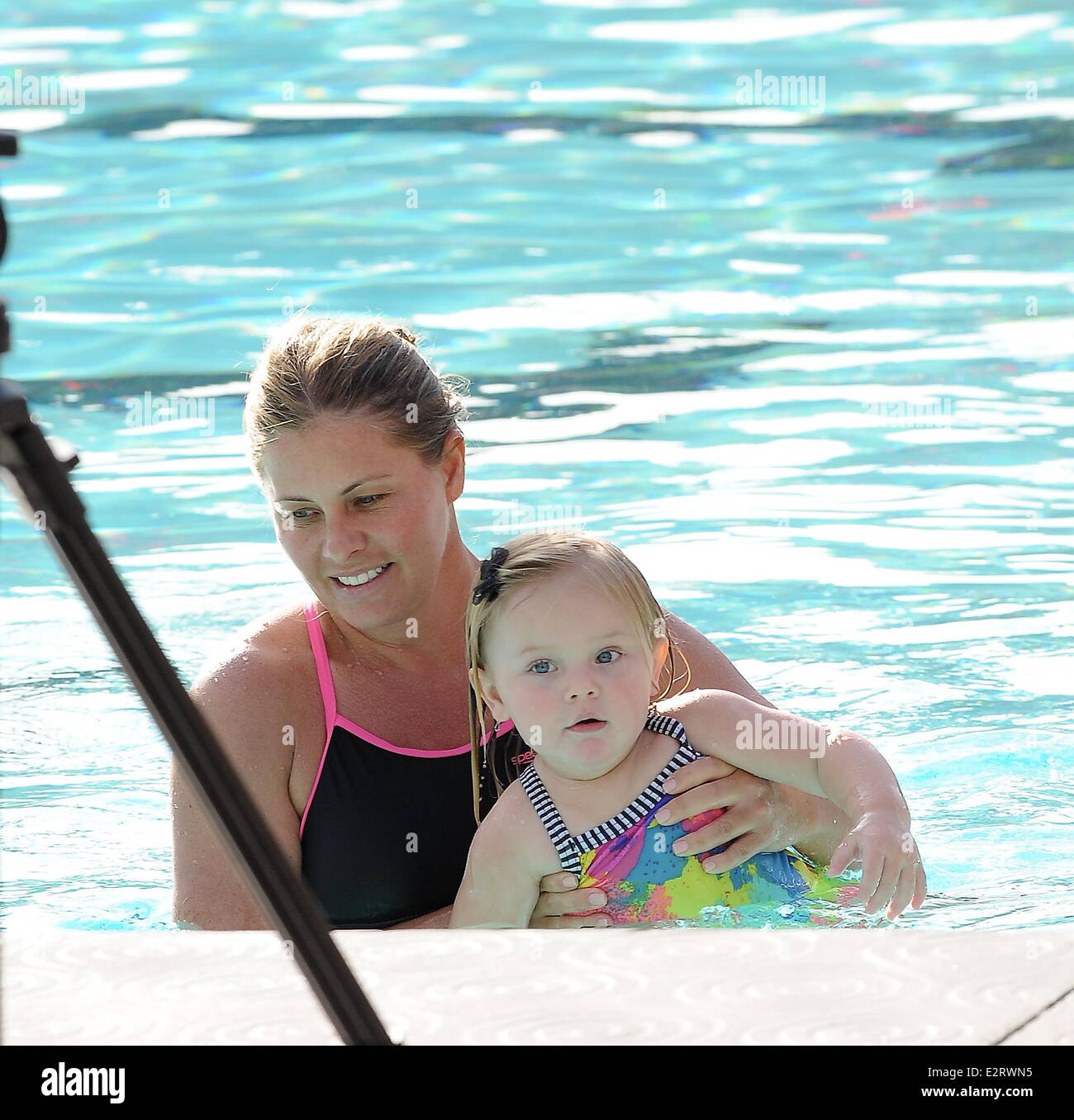 Nicole Eggert sports a one piece swimsuit as she continues to improve