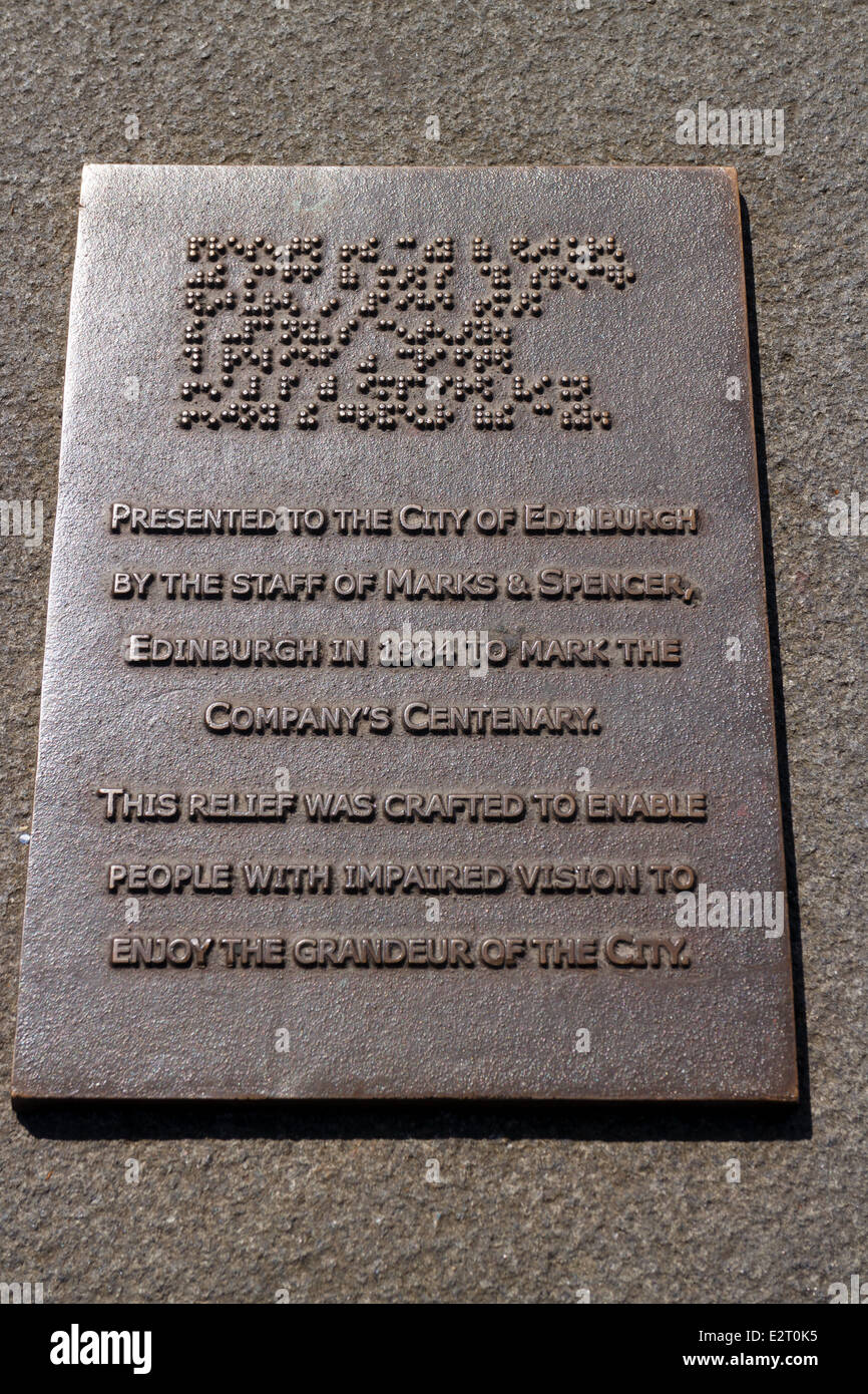 Plaque on sculpture map of Edinburgh presented by Marks & Spencer for the blind and visually impaired Stock Photo