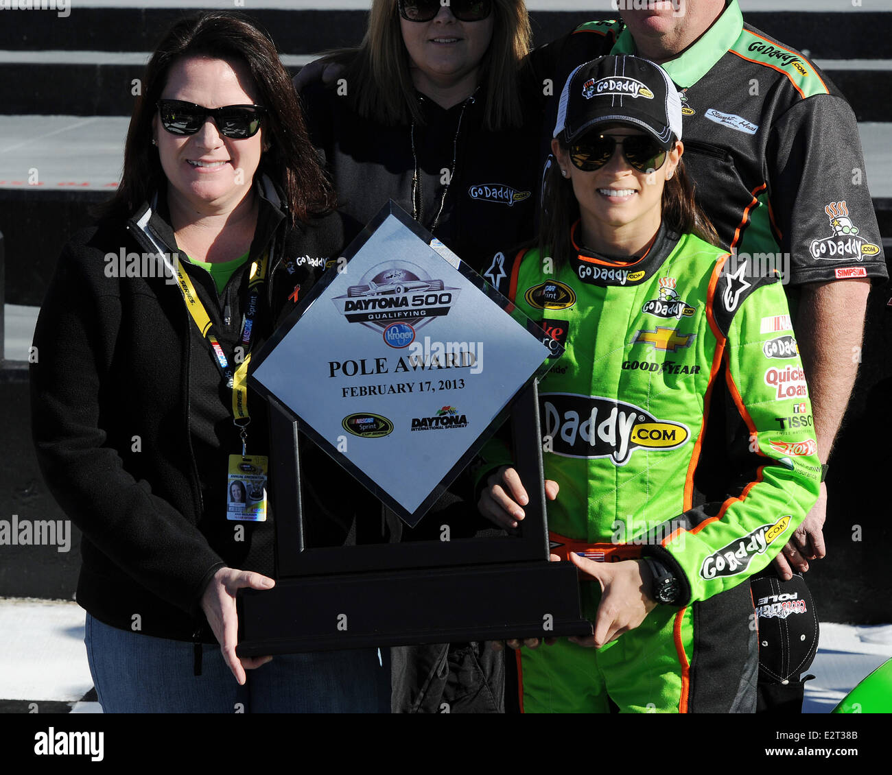 Danica Patrick poses after becoming the first women in NASCAR history to win the pole award for the NASCAR Sprint Cup Series Daytona 500 at Daytona International Speedway  Featuring: Danica Patrick Where: Daytona Beach,  Florida, United States When: 17 Fe Stock Photo