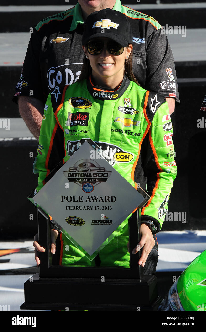 Danica Patrick poses after becoming the first women in NASCAR history to win the pole award for the NASCAR Sprint Cup Series Daytona 500 at Daytona International Speedway  Featuring: Danica Patrick Where: Daytona Beach,  Florida, United States When: 17 Fe Stock Photo