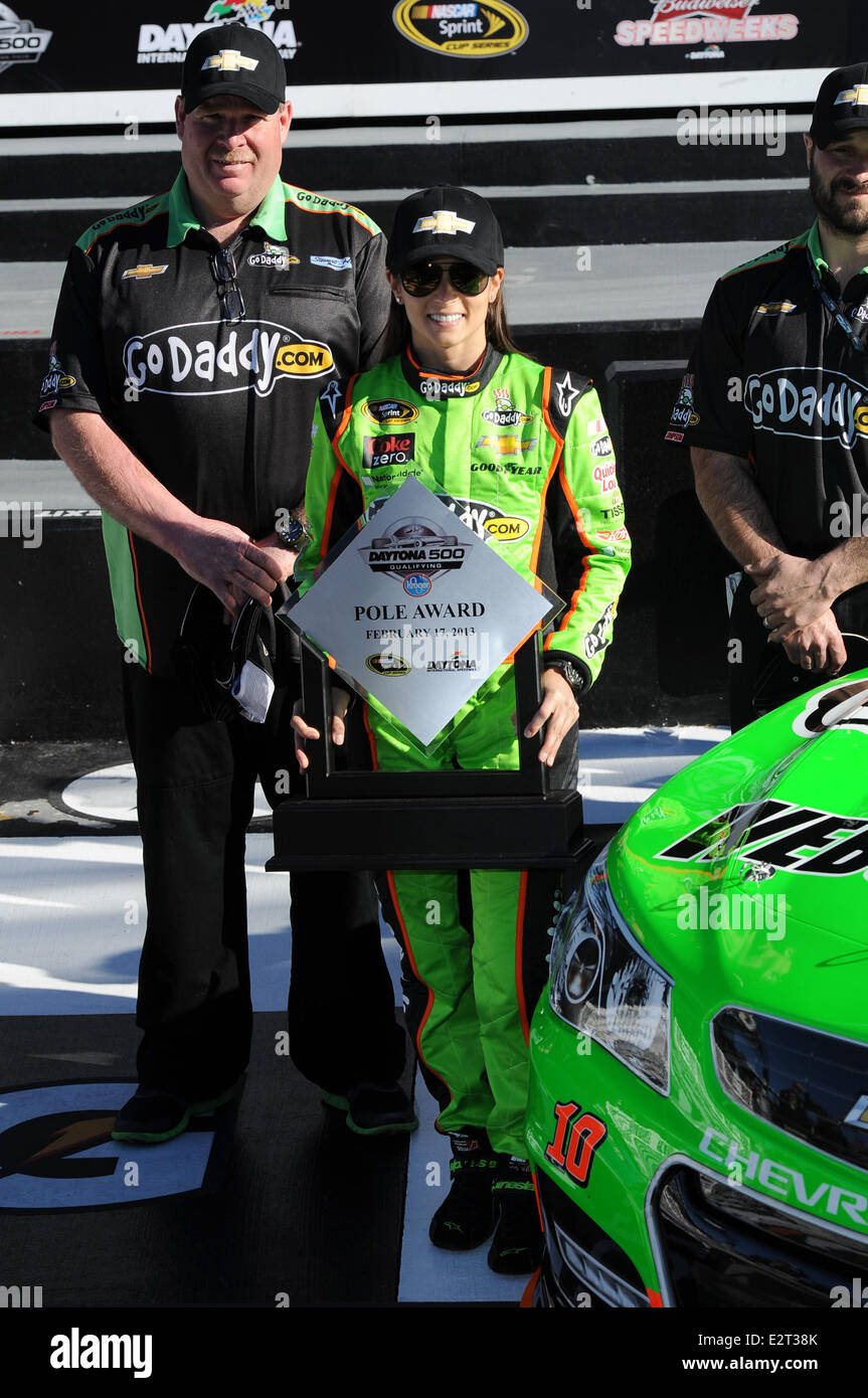 Danica Patrick poses after becoming the first women in NASCAR history to win the pole award for the NASCAR Sprint Cup Series Daytona 500 at Daytona International Speedway  Featuring: Danica Patrick Where: Daytona Beach,  Florida, United States When: 17 Feb 2013 Stock Photo