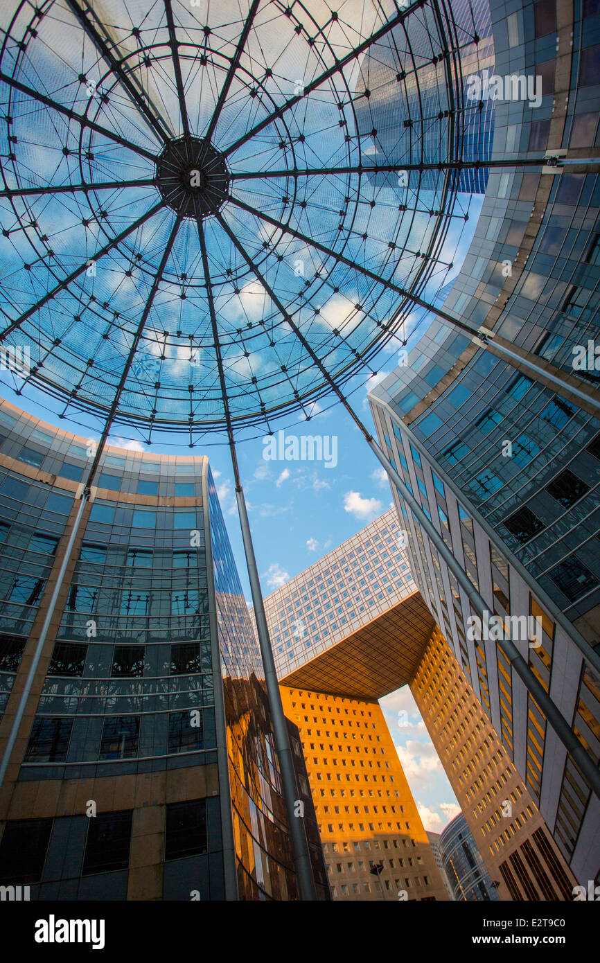 View looking up at modern architecture of La Defense, Paris France Stock Photo