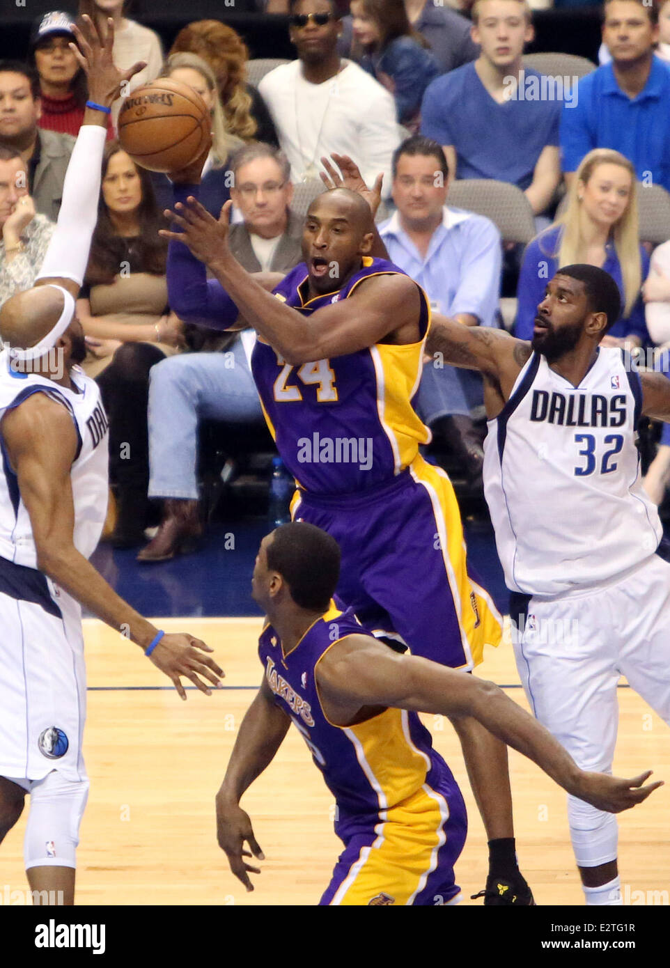 The L.A. Lakers defeated the Dallas Mavericks 103 - 99 at the American Airlines Center in the race to reach the playoffs in the NBA Western Conference  Featuring: Kobe Bryant Where: Dallas, Texas, United Kingdom When: 24 Feb 2013 Stock Photo