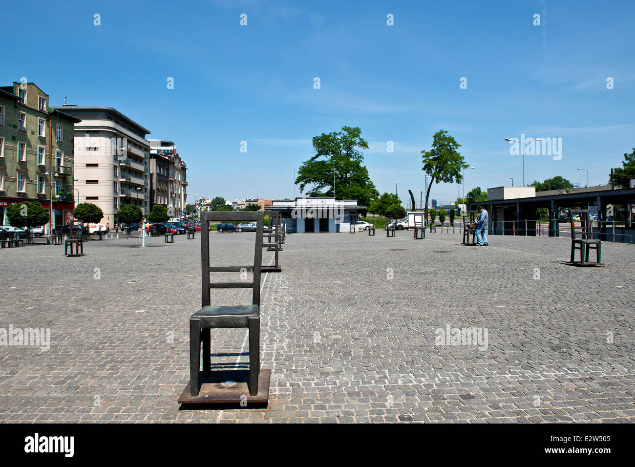 Poland, Krakow, Ghetto, Holocaust memorial sculptures of empty chairs