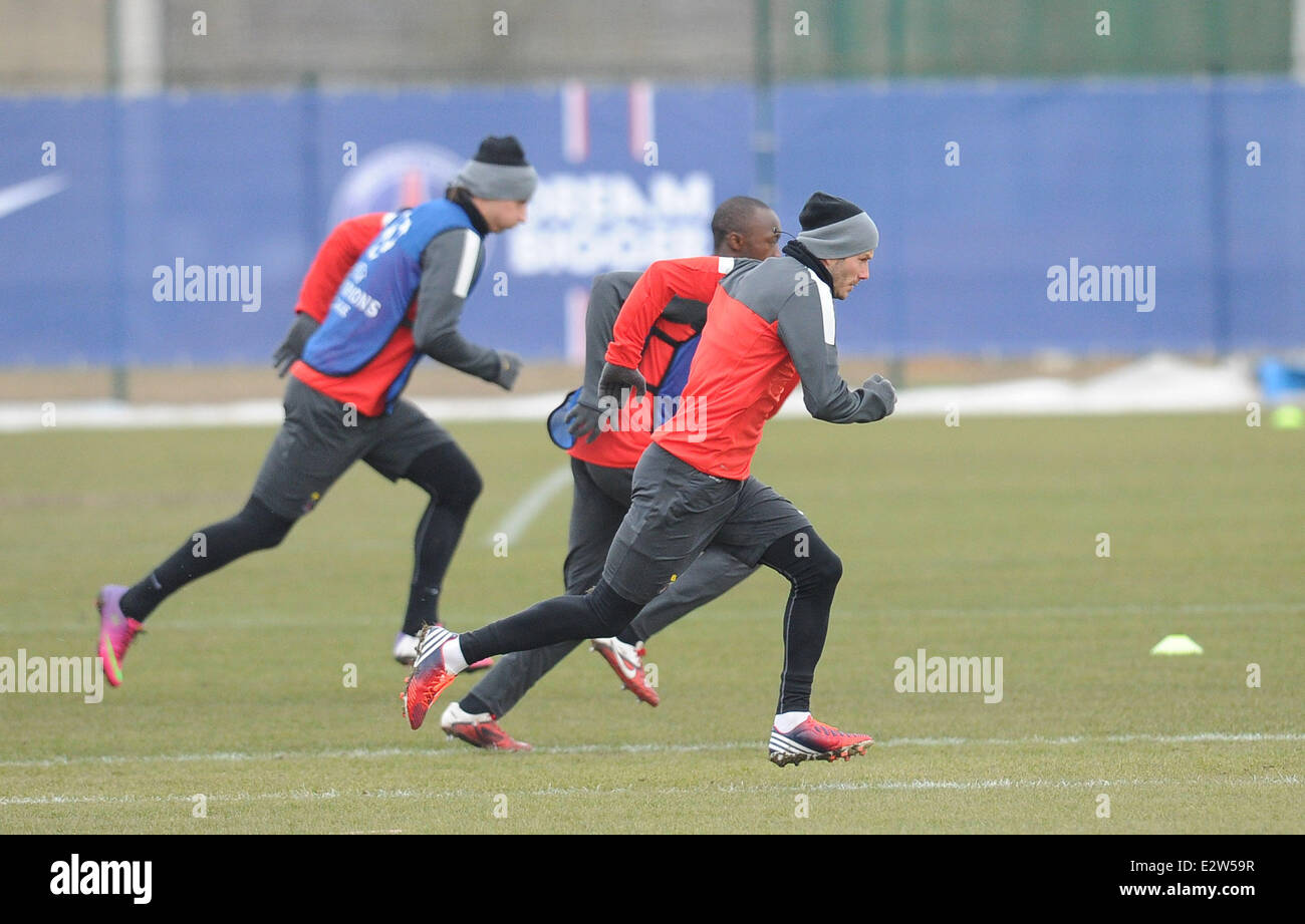 David Beckham during training for PSG at Camp des Loges in the Paris suburb city of Saint Germain-en-Laye  Featuring: David Beckham Where: Saint Germain en Laye, Camp des Loges, France When: 05 Mar 2013 Stock Photo