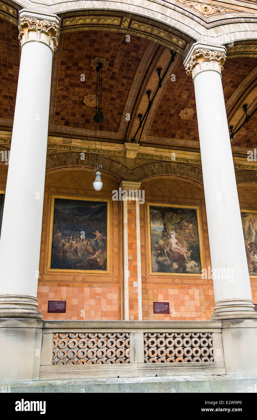 capitals and columns, wall paintings by jakob goetzenberger, arcade of the trinkhalle, drinking hall of the spa complex Stock Photo